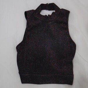 Lulus Women's Black/Multi-colored Glitter Halter Crop Top with Tie Back